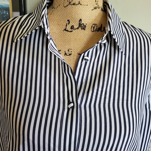 Banana Republic Striped Navy and White Dillon Shirt with Ruffle Sleeves - Picture 3 of 8